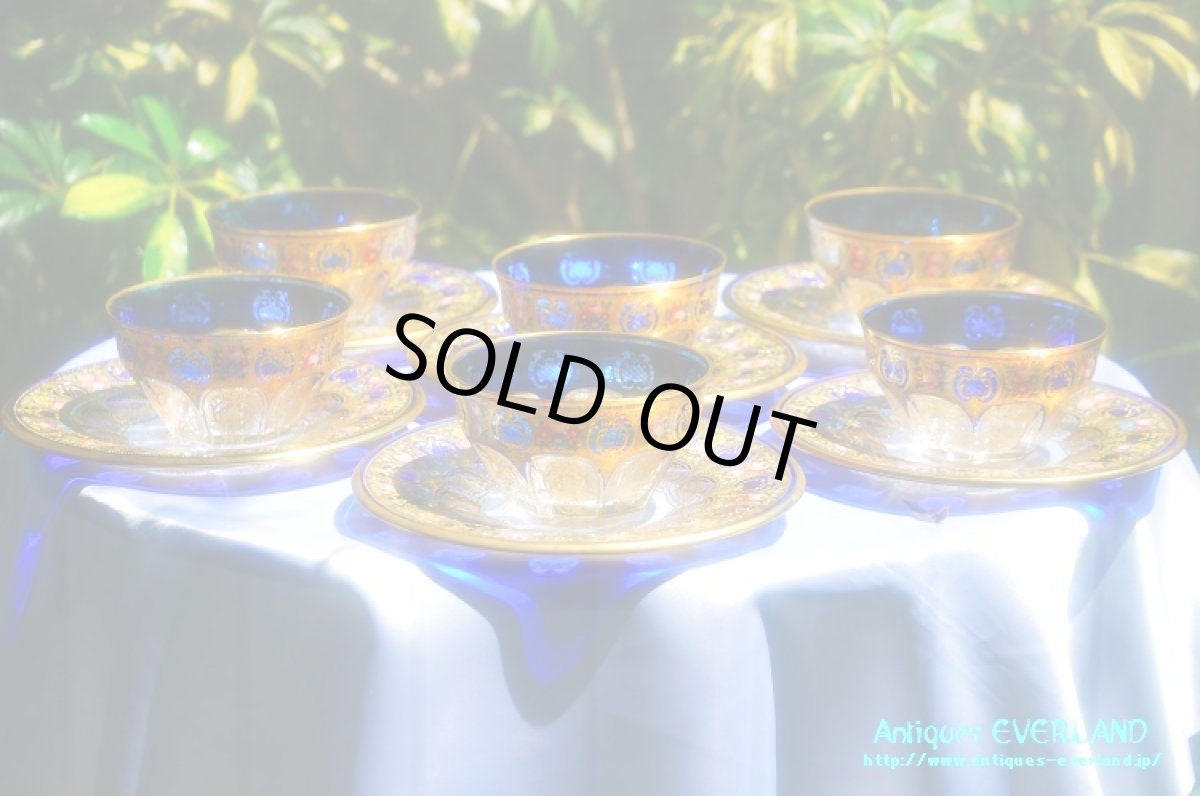 画像3: ボヘミアン　色被せ オーバーレイ　金彩　エナメル　コバルトブルー ガラス　ボウル＆ソーサー 6組 (3)