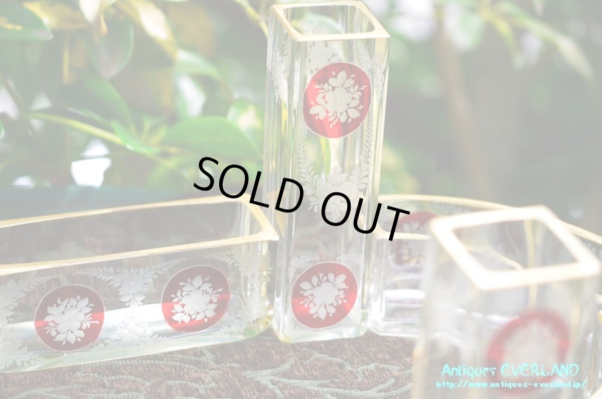 画像13: フランス　ナポレオンIII　グラヴュール　クランベリーガラス　金彩　センターピース セット　花器 (13)