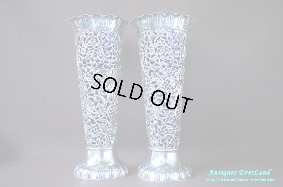 画像5: 純銀 シルバー　James Dixon & Sons　花器　ペア　ロイヤルブルーガラス (5)