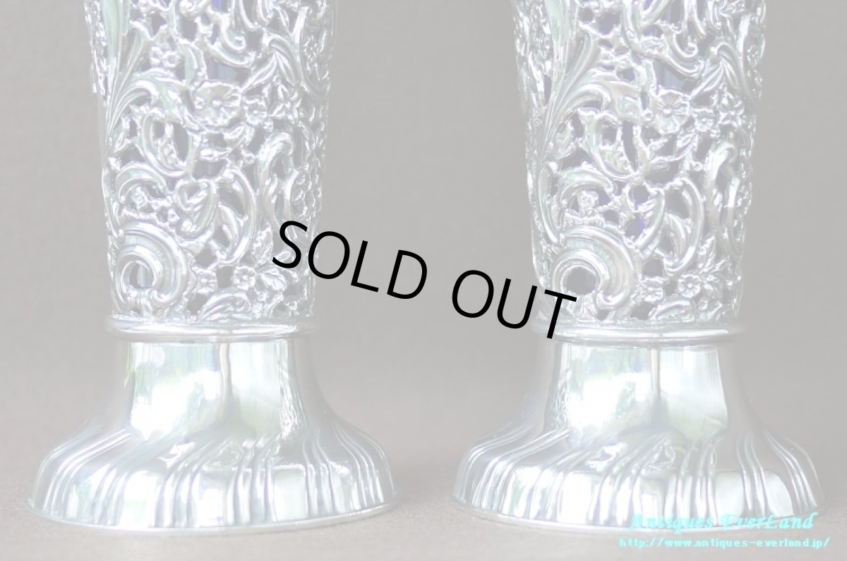 画像15: 純銀 シルバー　James Dixon & Sons　花器　ペア　ロイヤルブルーガラス (15)