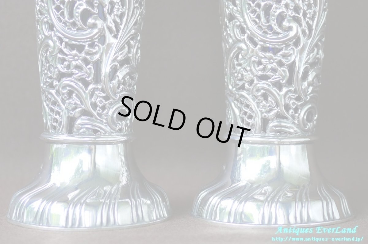 画像12: 純銀 シルバー　James Dixon & Sons　花器　ペア　ロイヤルブルーガラス (12)