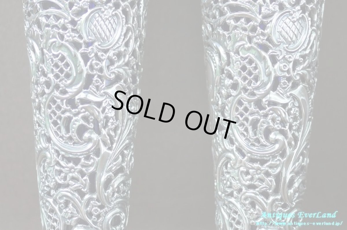 画像11: 純銀 シルバー　James Dixon & Sons　花器　ペア　ロイヤルブルーガラス (11)