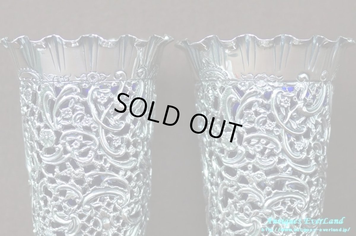 画像16: 純銀 シルバー　James Dixon & Sons　花器　ペア　ロイヤルブルーガラス (16)