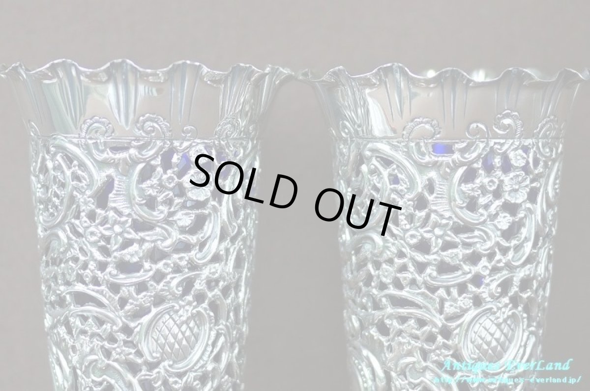 画像10: 純銀 シルバー　James Dixon & Sons　花器　ペア　ロイヤルブルーガラス (10)