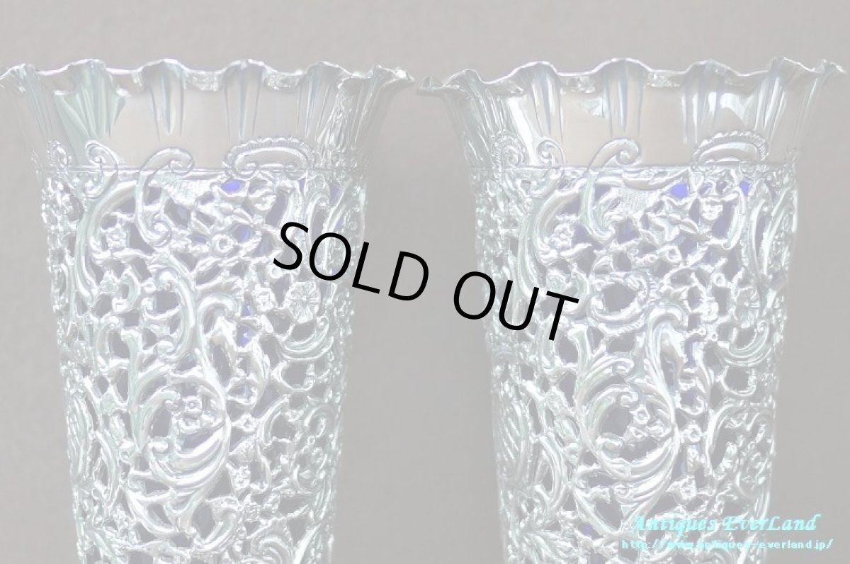 画像13: 純銀 シルバー　James Dixon & Sons　花器　ペア　ロイヤルブルーガラス (13)