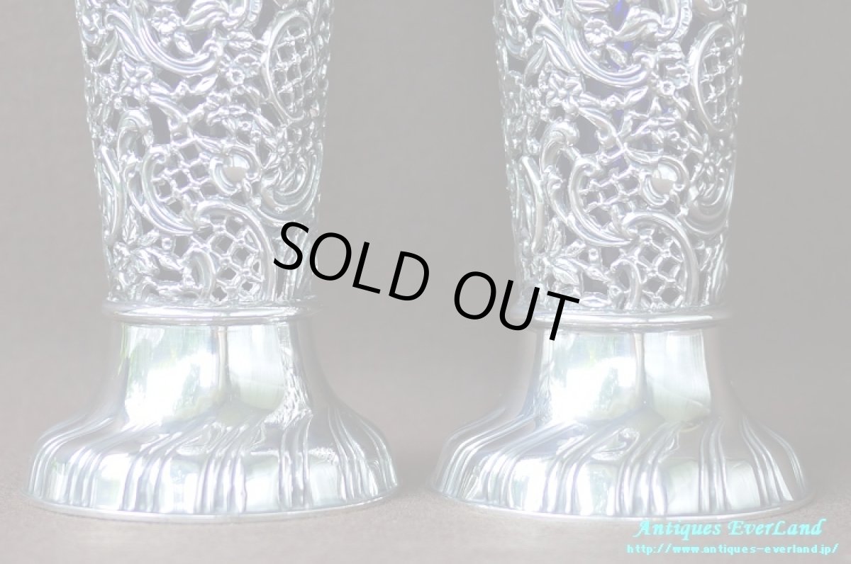 画像18: 純銀 シルバー　James Dixon & Sons　花器　ペア　ロイヤルブルーガラス (18)