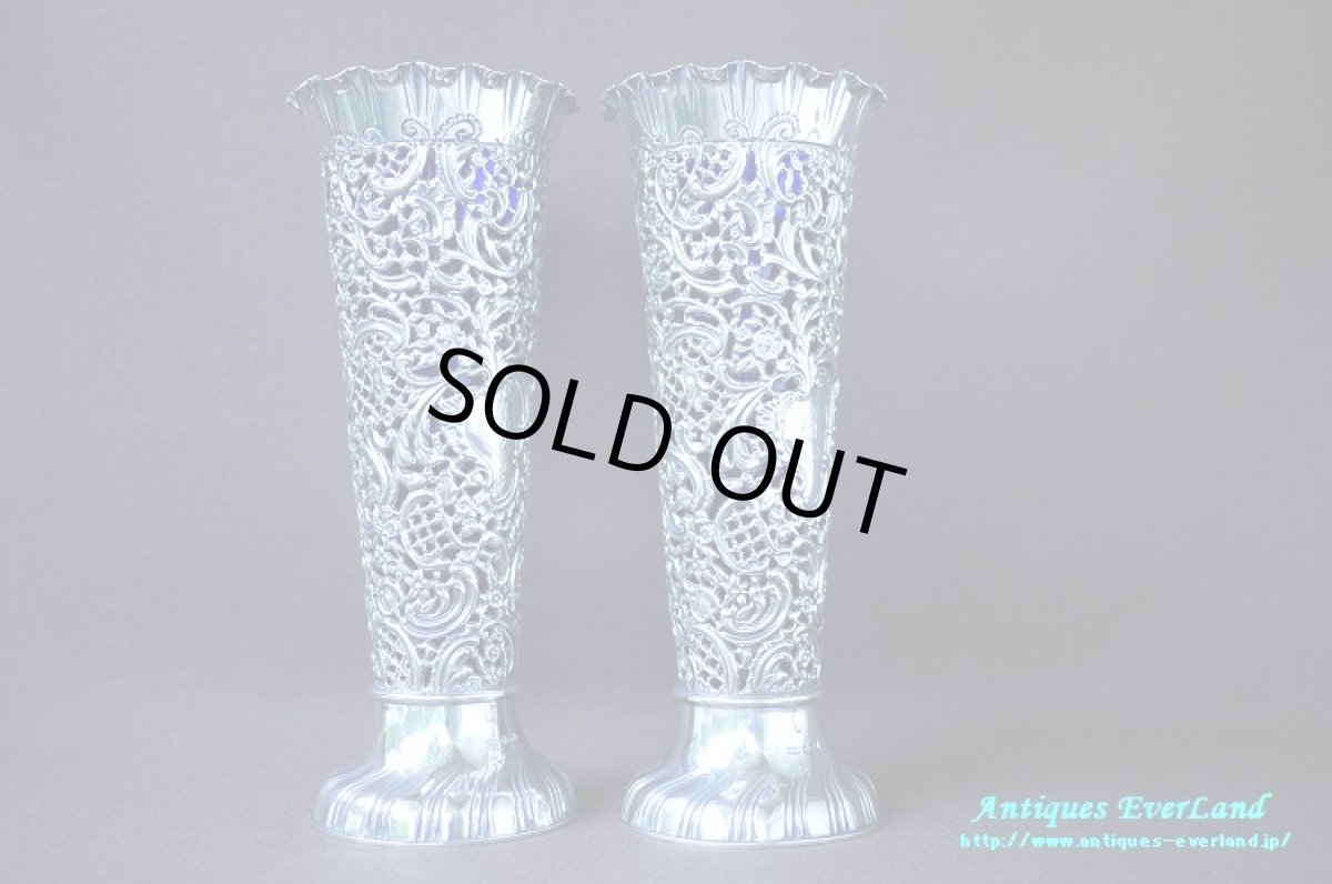 画像6: 純銀 シルバー　James Dixon & Sons　花器　ペア　ロイヤルブルーガラス (6)