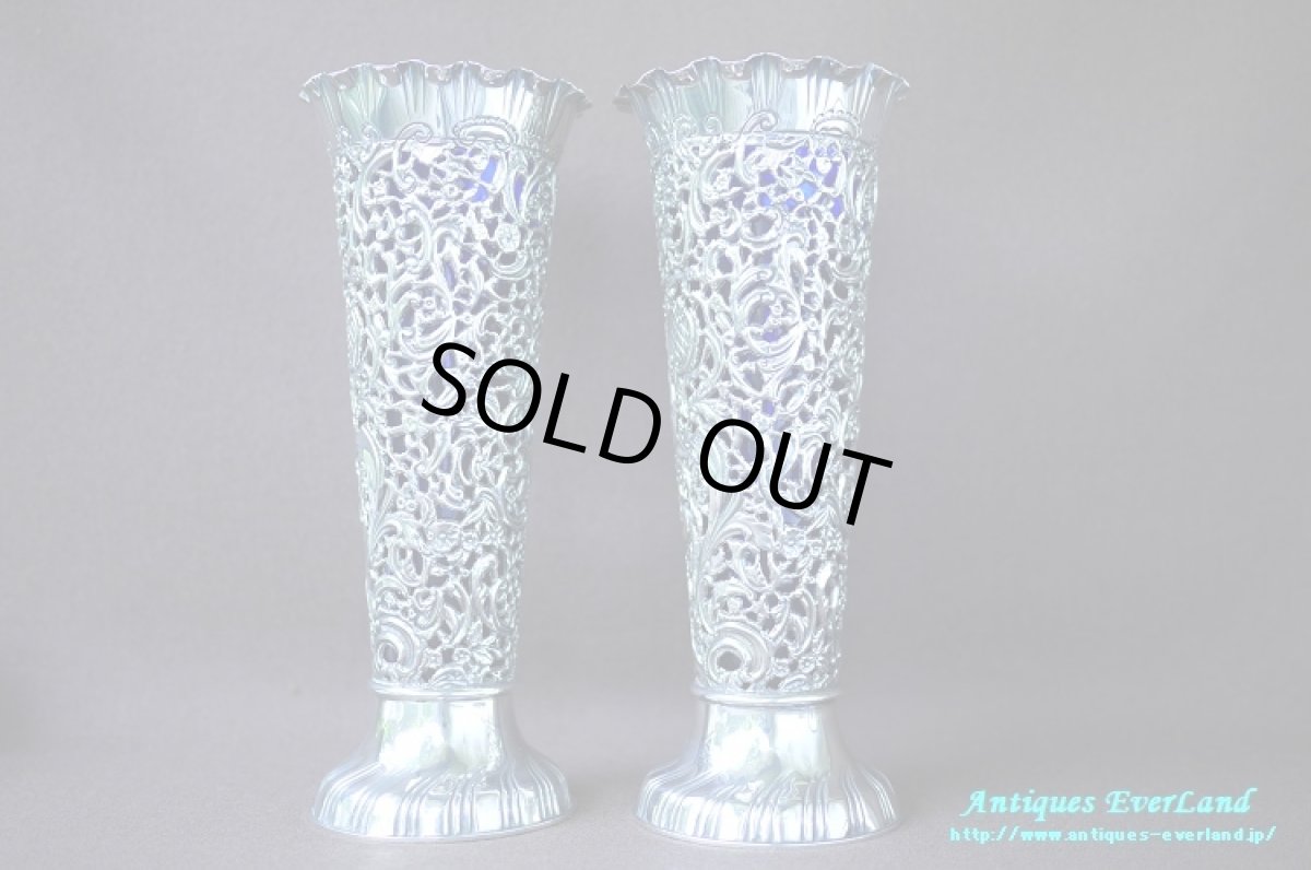 画像4: 純銀 シルバー　James Dixon & Sons　花器　ペア　ロイヤルブルーガラス (4)