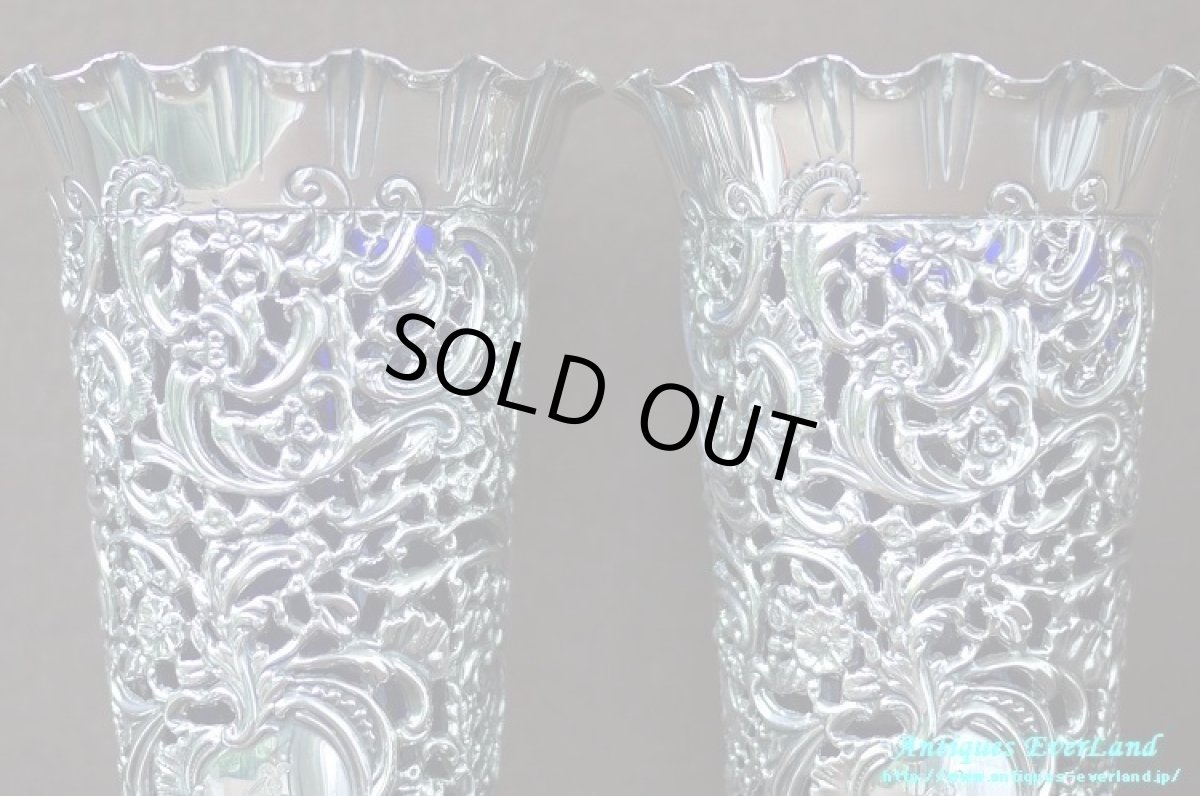 画像7: 純銀 シルバー　James Dixon & Sons　花器　ペア　ロイヤルブルーガラス (7)