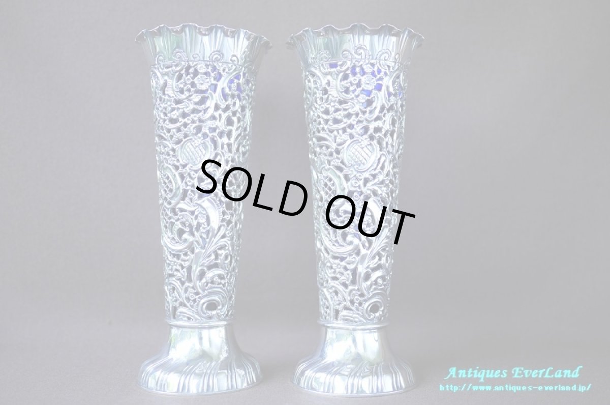 画像3: 純銀 シルバー　James Dixon & Sons　花器　ペア　ロイヤルブルーガラス (3)