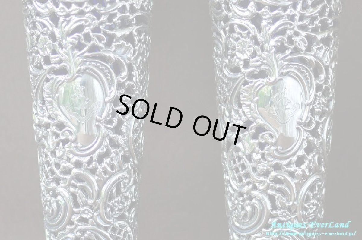 画像8: 純銀 シルバー　James Dixon & Sons　花器　ペア　ロイヤルブルーガラス (8)